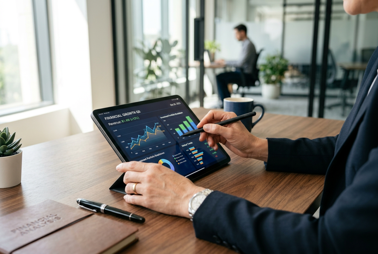 Professional financial expert analyzing data on a tablet